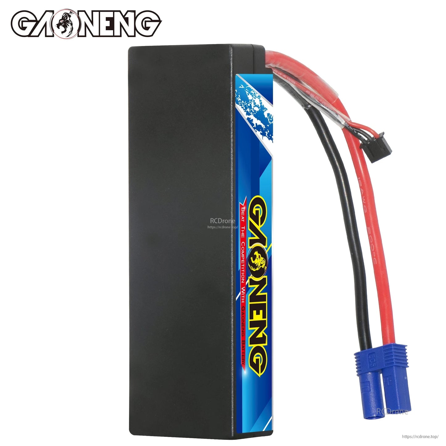 Side view of GAONENG hard case battery showing plain black case edge and attached leads