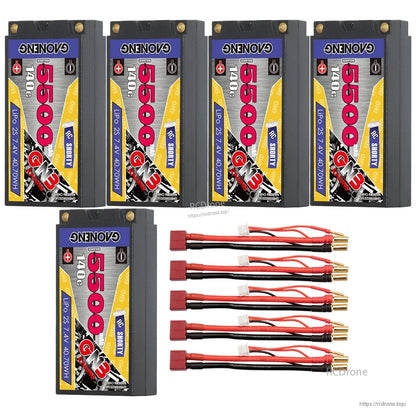 Five GAONENG 2S 5500mAh shorty LiPo hard case batteries with five T-plug (Deans) adapter leads