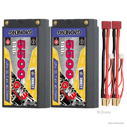 Two GAONENG 2S 5500mAh shorty packs with two T-plug (Deans) adapter leads and bullets