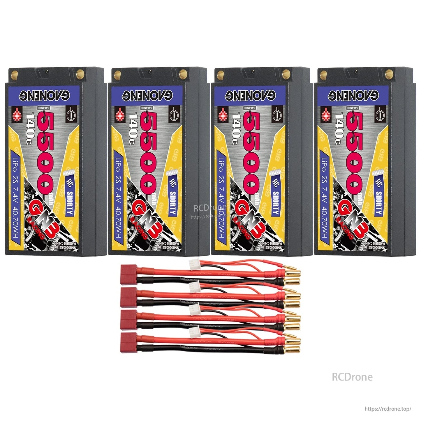 Four GAONENG 2S 5500mAh shorty hard case packs with four T-plug (Deans) adapter leads