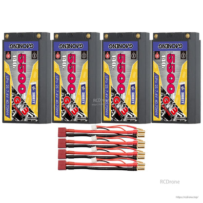 Four GAONENG 2S 5500mAh shorty hard case packs with four T-plug (Deans) adapter leads