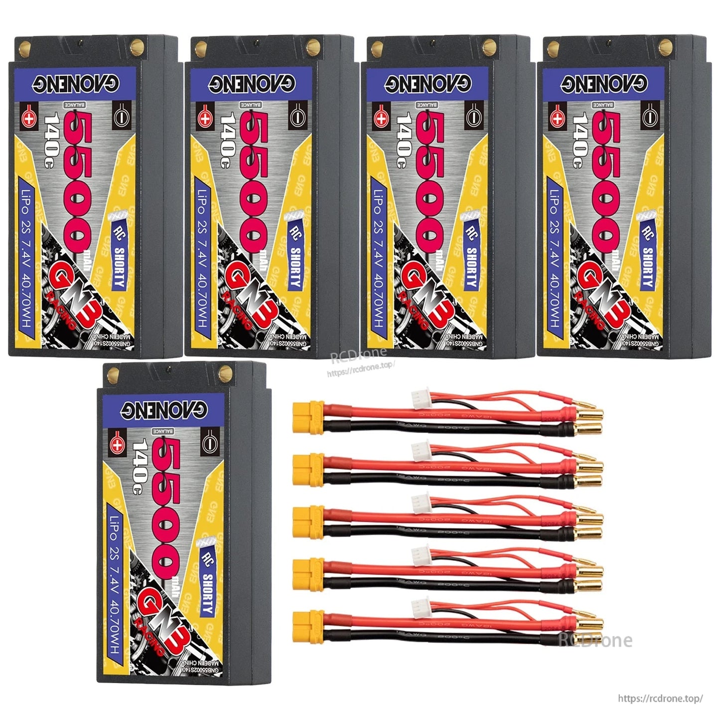 Five GAONENG 2S 5500mAh shorty hard case LiPo batteries with five XT60 adapter leads