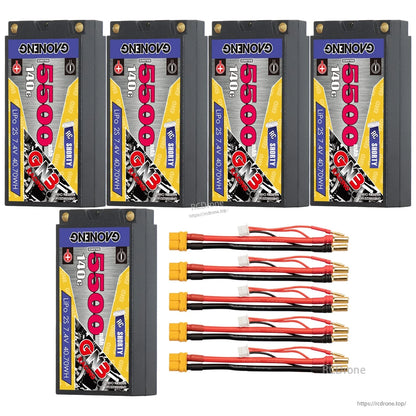 Five GAONENG 2S 5500mAh shorty hard case LiPo batteries with five XT60 adapter leads