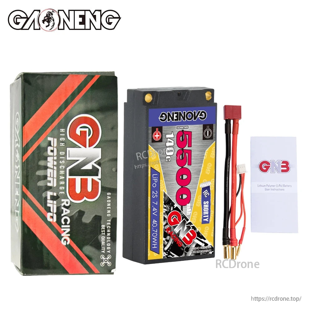 Package contents: GN3 Racing box, 2S shorty hard case battery, adapter lead, and instruction leaflet