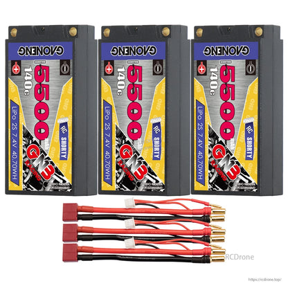 Three GAONENG 2S 5500mAh shorty batteries with three T-plug (Deans) adapter leads