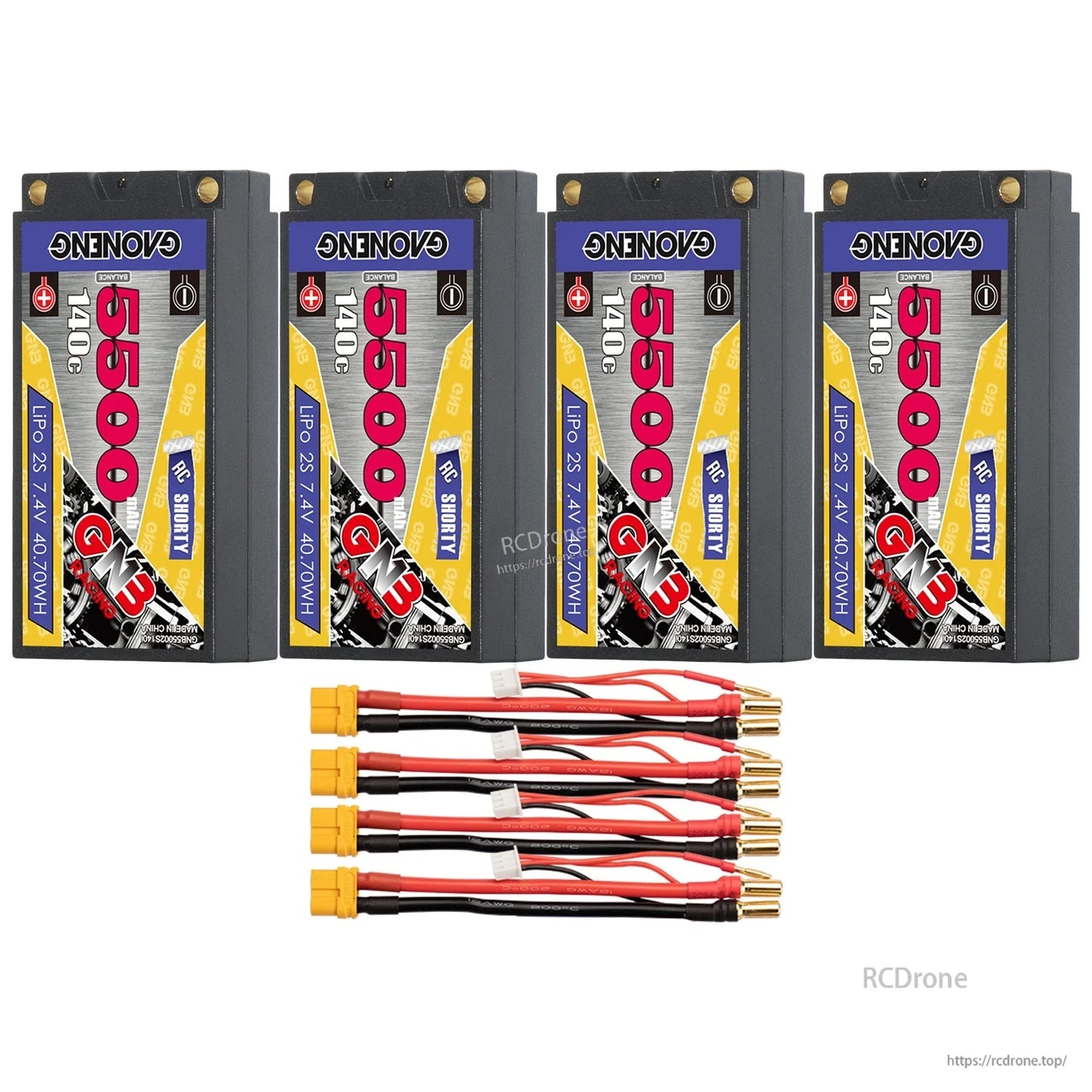 Four GAONENG 2S 5500mAh shorty packs shown with four XT60 adapter leads and bullet ends