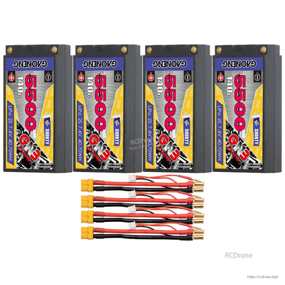 Four GAONENG 2S 5500mAh shorty packs shown with four XT60 adapter leads and bullet ends