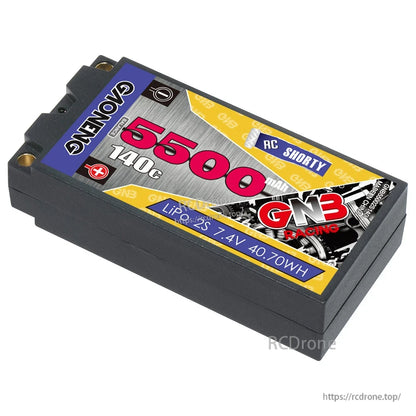 Angled top view of GNB 5500mAh 140C shorty hard case LiPo battery showing case corners