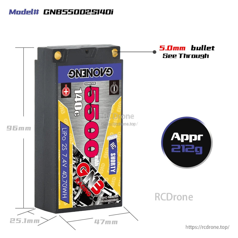 Battery size diagram for GNB550025140i shorty pack, 96×47×25.1mm with approx 212g weight
