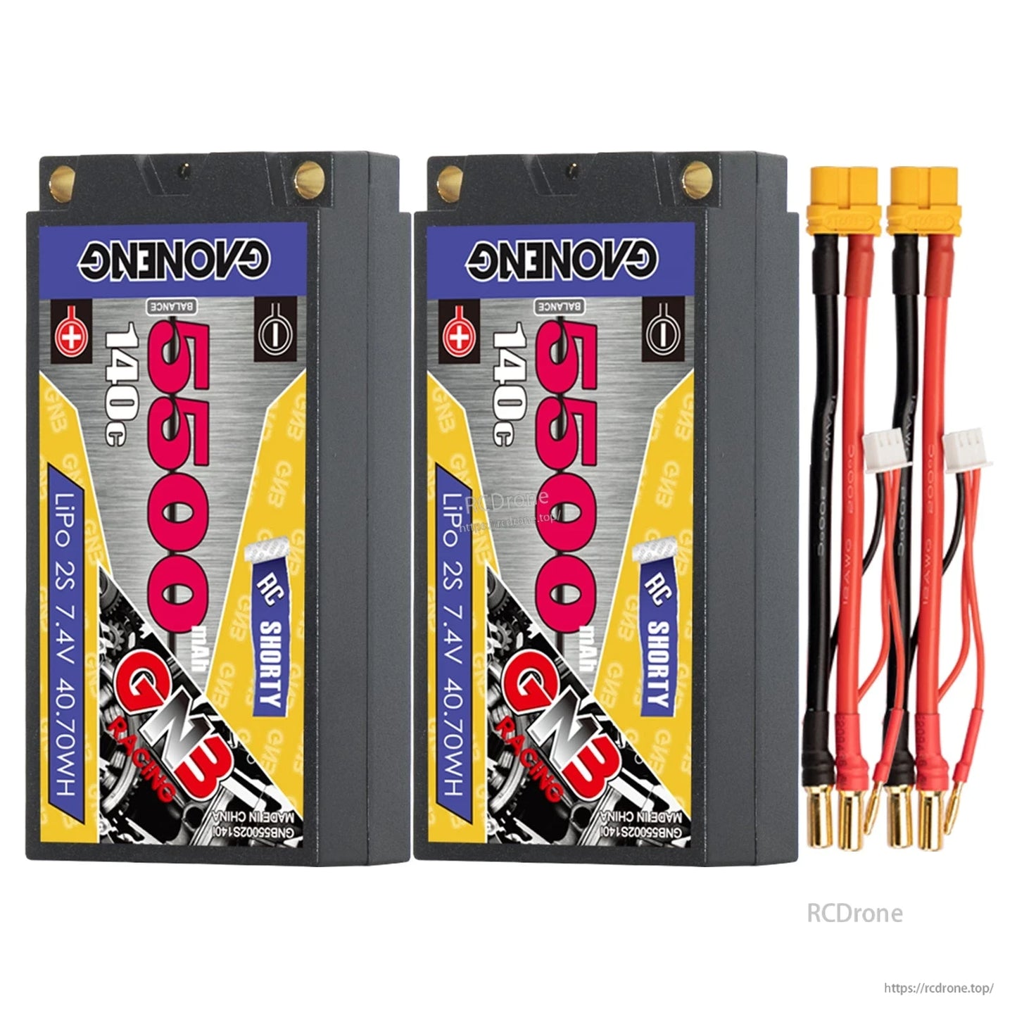 Two GAONENG 5500mAh 2S shorty packs with two XT60 adapter leads and 5mm bullet connectors