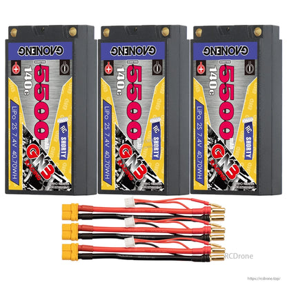 Three GAONENG 2S 5500mAh shorty hard case batteries with three XT60 adapter leads