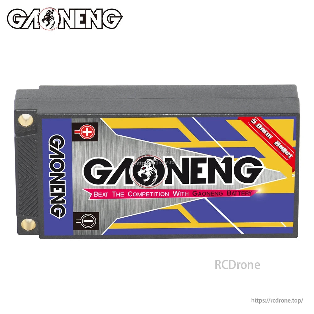 GAONENG hard case battery rear label view, branding panel and 5.0mm bullet marking