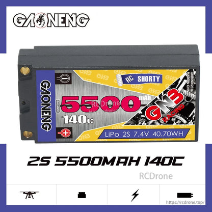 GNB 2S 5500mAh 140C shorty LiPo hard case battery, side profile with label visible