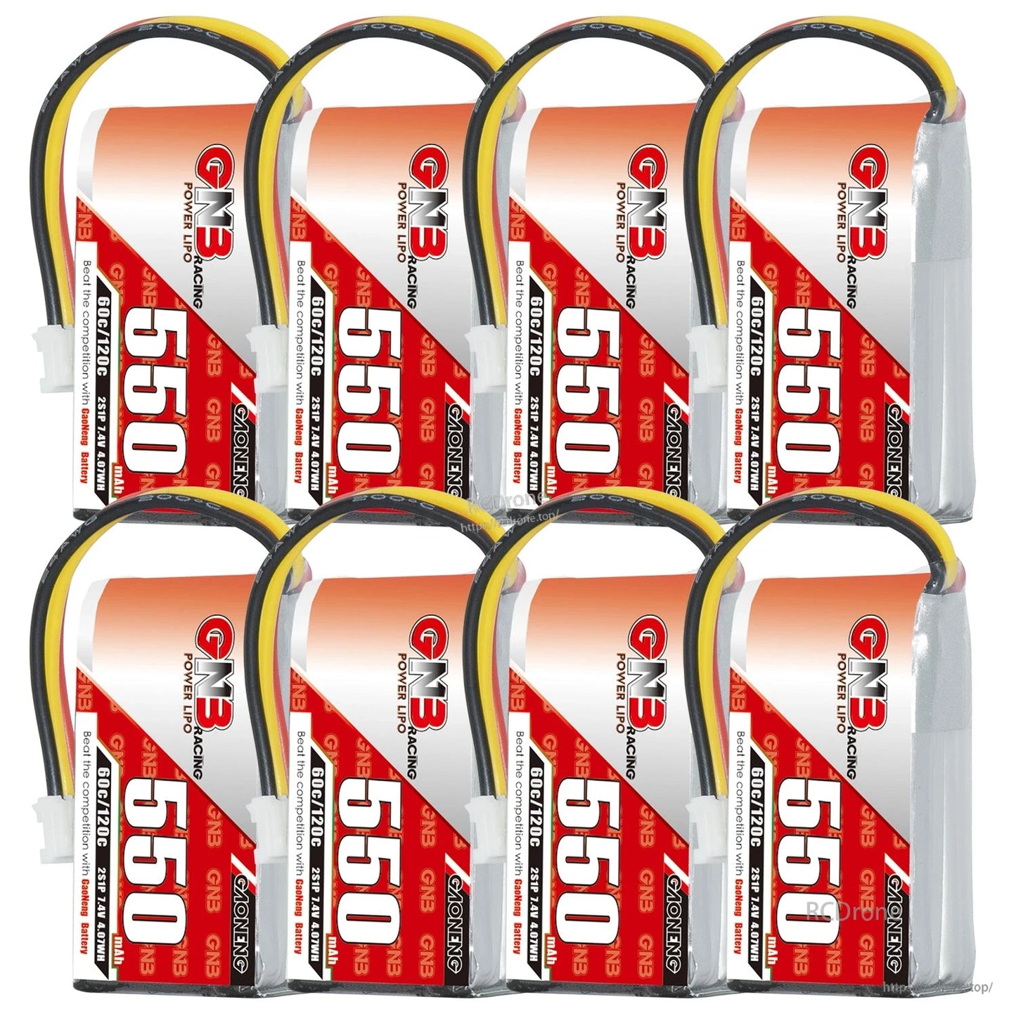 Eight-piece composite of 550mAh LiPo batteries upright, showing front labels and lead wires