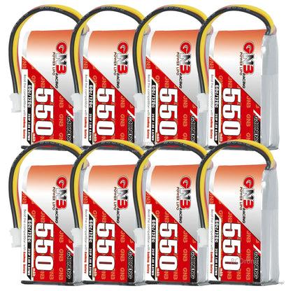 Eight-piece composite of 550mAh LiPo batteries upright, showing front labels and lead wires