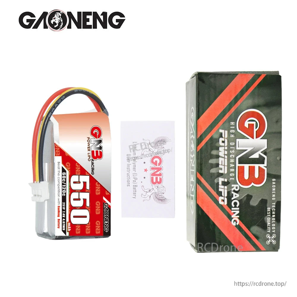 Package contents: 550mAh 2S LiPo battery with GN3 retail box and small insert card