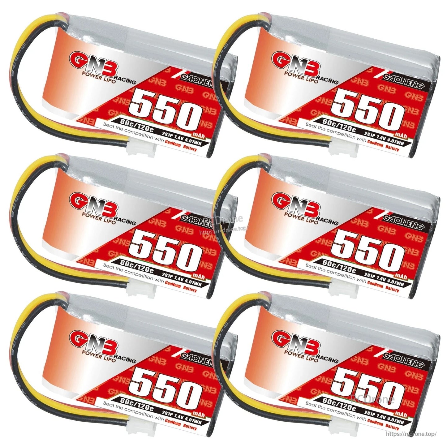 Six-piece composite of 550mAh LiPo batteries in horizontal orientation, showing front labels