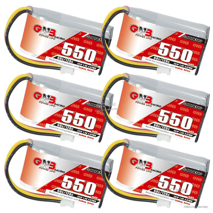 Six-piece composite of 550mAh LiPo batteries in horizontal orientation, showing front labels