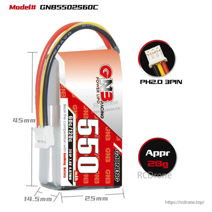 GNB5502S60C battery size graphic with dimensions, PH2.0 3-pin connector callout and approx 28g weight