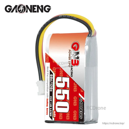 GNB GN3 550mAh LiPo battery upright side view with curved red, yellow and black lead wires