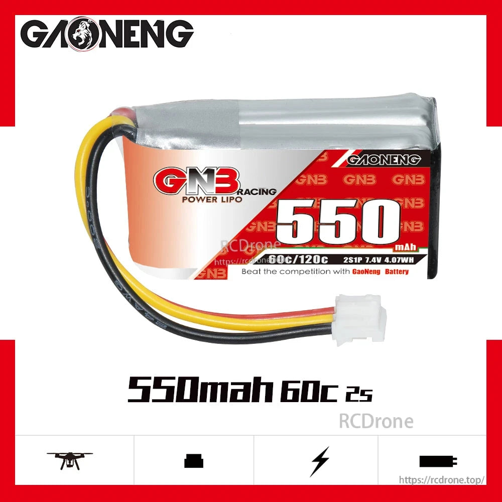 GAONENG GNB 2S 7.4V 550mAh 60C LiPo battery front label view with 550mAh 60C 2S text
