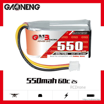 GAONENG GNB 2S 7.4V 550mAh 60C LiPo battery front label view with 550mAh 60C 2S text