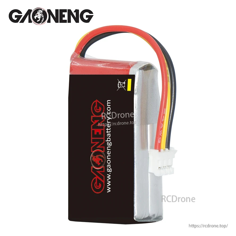 Rear view of GAONENG battery showing black back label and PH2.0 3-pin plug with red/yellow/black wires