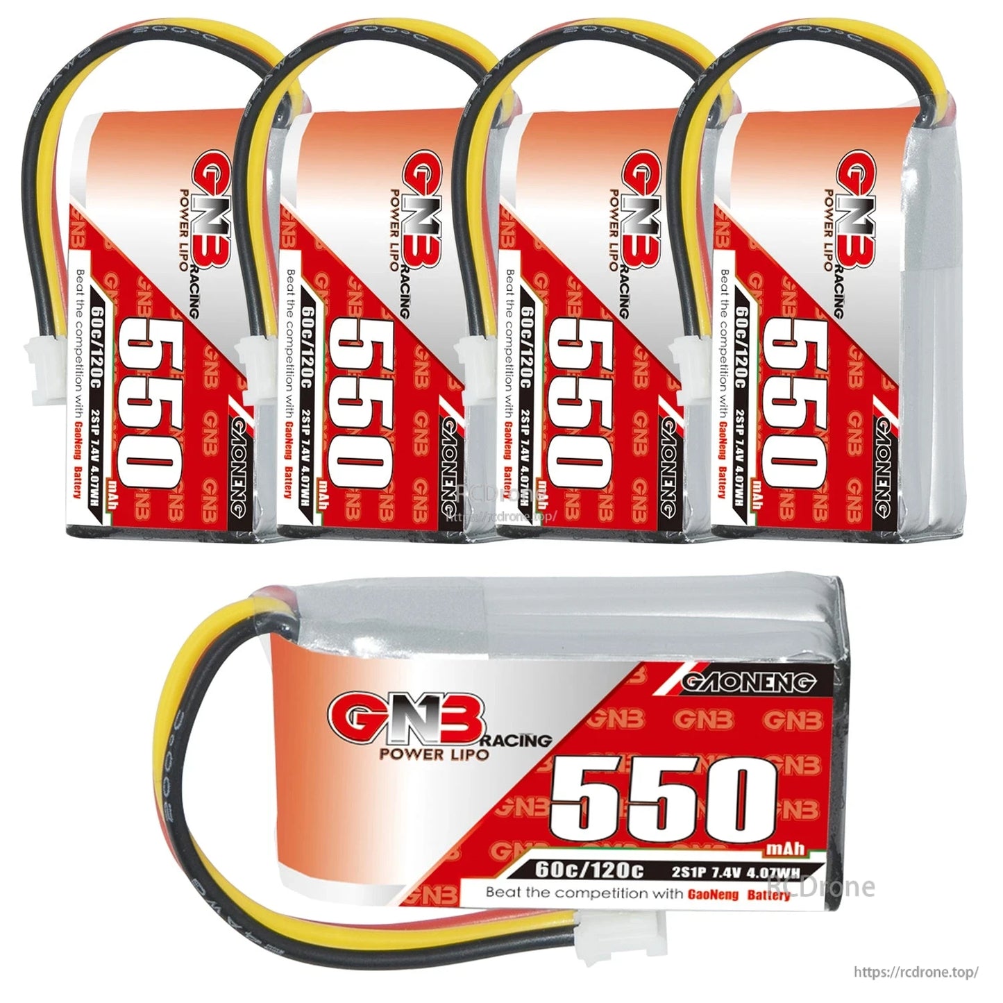Multi-pack layout showing four upright batteries and one horizontal 550mAh pack at bottom