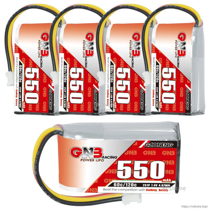 Multi-pack layout showing four upright batteries and one horizontal 550mAh pack at bottom