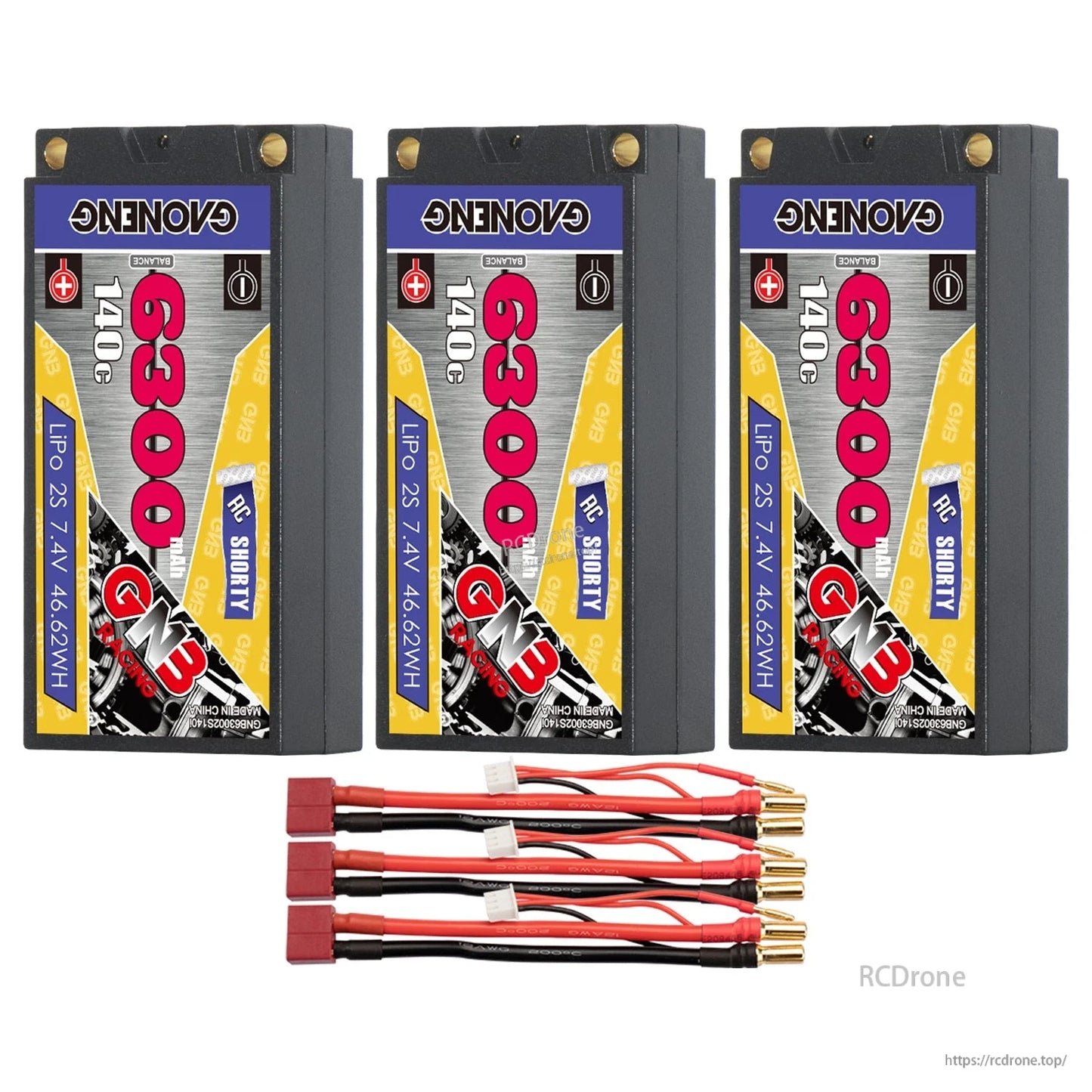 Three GAONENG GNB 6300mAh shorty batteries with three Deans-style plug to 5mm bullet leads