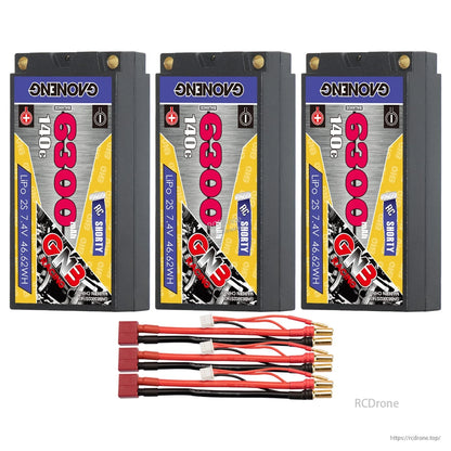 Three GAONENG GNB 6300mAh shorty batteries with three Deans-style plug to 5mm bullet leads