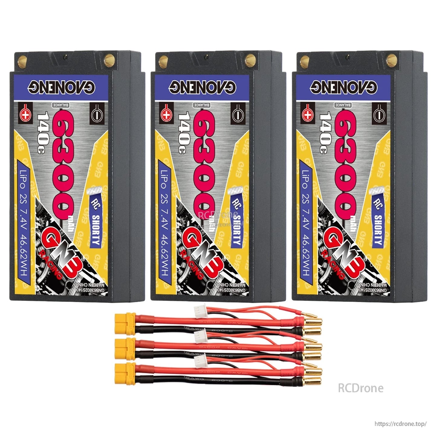Three GAONENG GNB 6300mAh shorty batteries with three XT60 to 5mm bullet lead sets