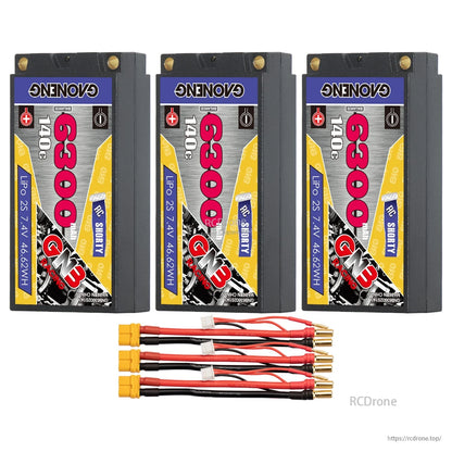 Three GAONENG GNB 6300mAh shorty batteries with three XT60 to 5mm bullet lead sets