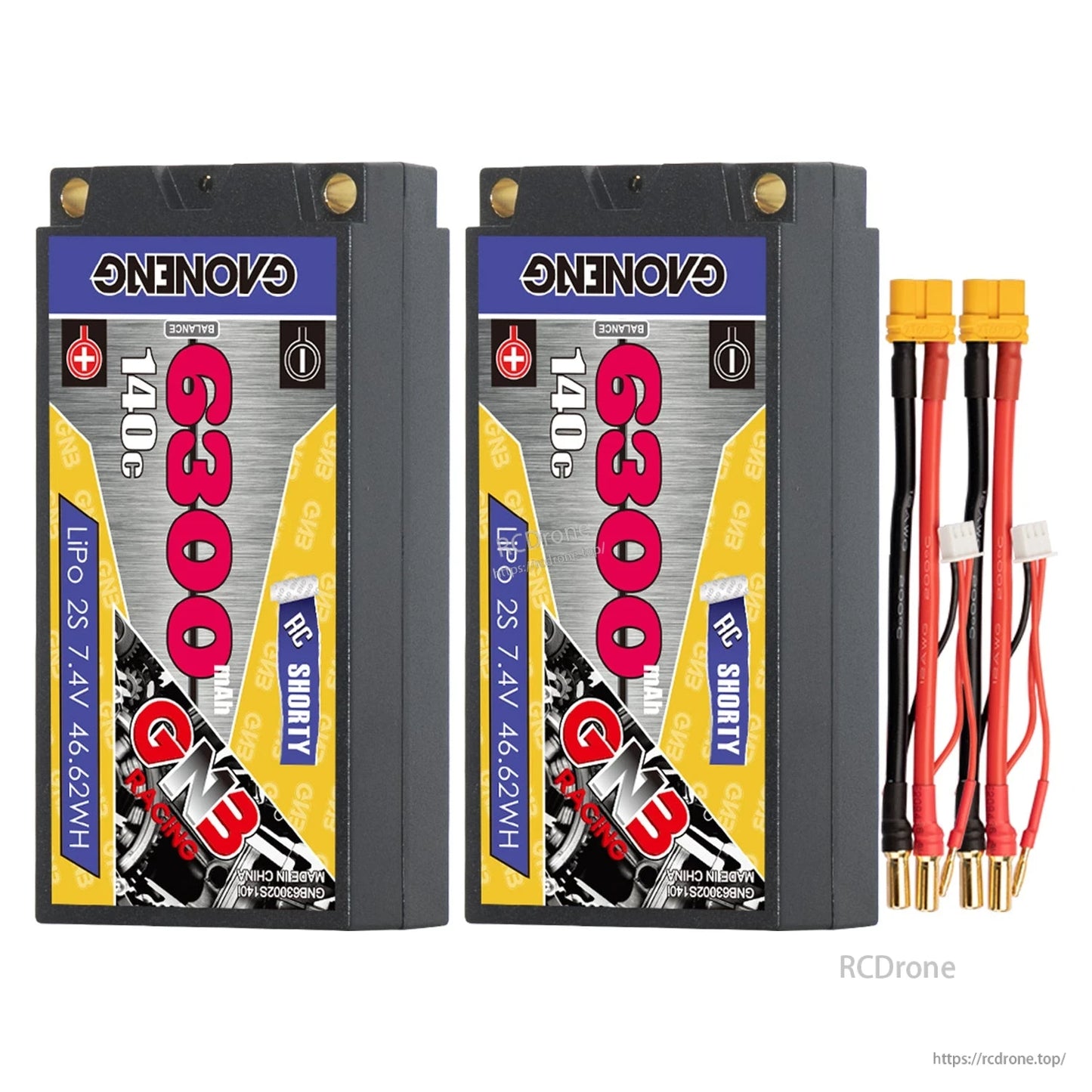 Two GAONENG GNB 6300mAh shorty batteries shown with XT60 to 5mm bullet charge leads