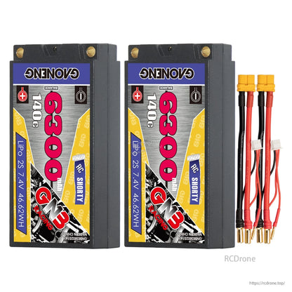 Two GAONENG GNB 6300mAh shorty batteries shown with XT60 to 5mm bullet charge leads