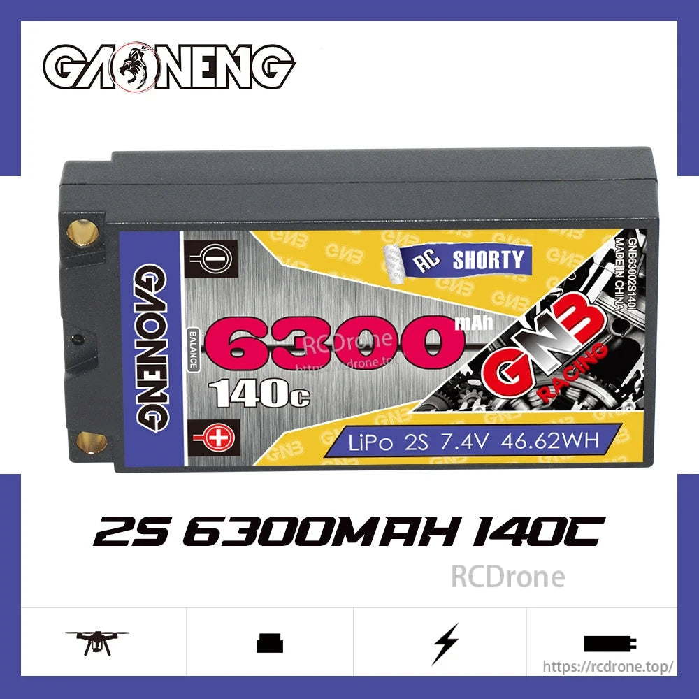 GAONENG GNB 2S 6300mAh 140C shorty LiPo battery product graphic on white background