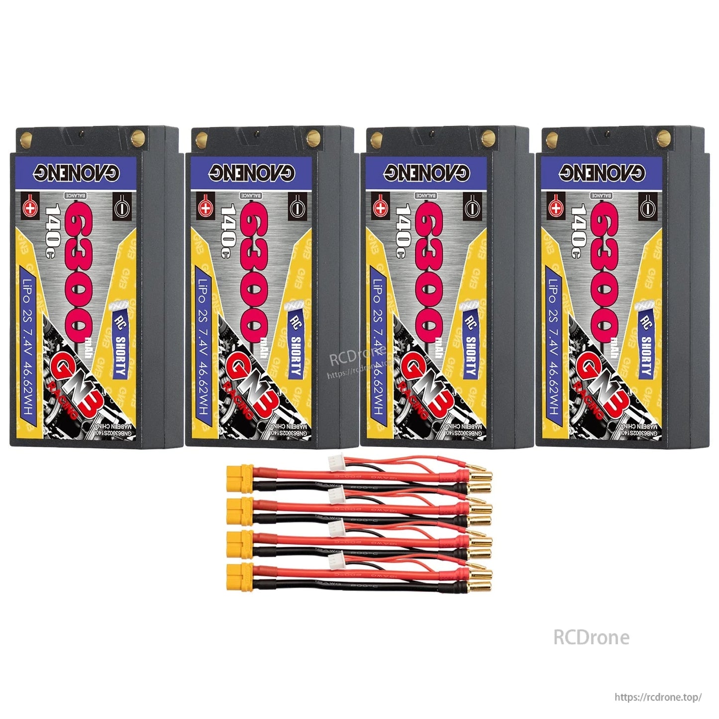 Four GAONENG GNB 6300mAh shorty batteries with four XT60 to 5mm bullet lead sets