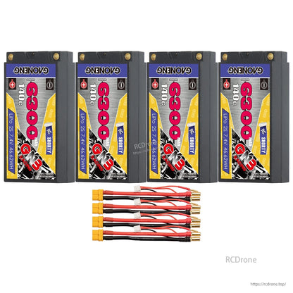 Four GAONENG GNB 6300mAh shorty batteries with four XT60 to 5mm bullet lead sets