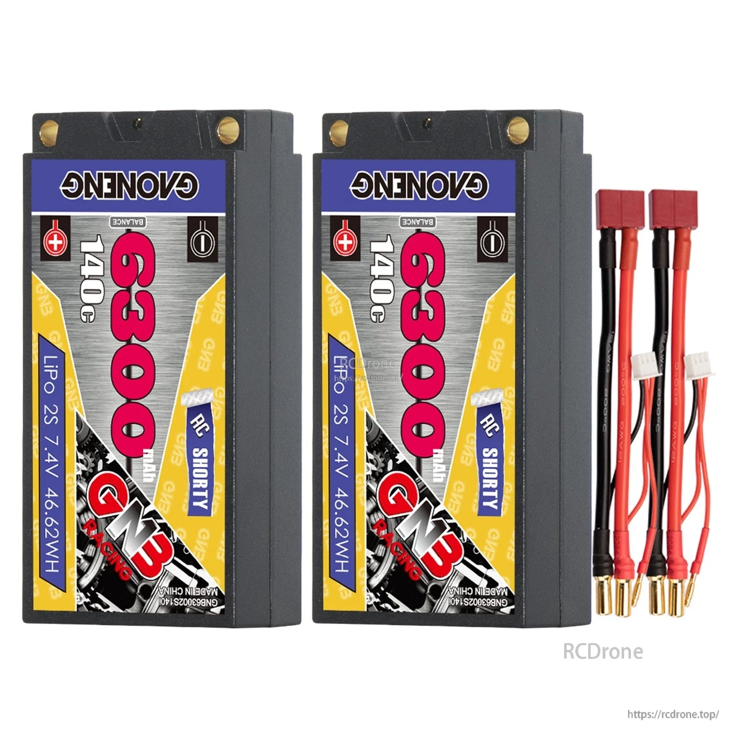 Two GAONENG GNB 6300mAh shorty batteries with two Deans-style plug to 5mm bullet leads