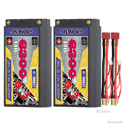 Two GAONENG GNB 6300mAh shorty batteries with two Deans-style plug to 5mm bullet leads