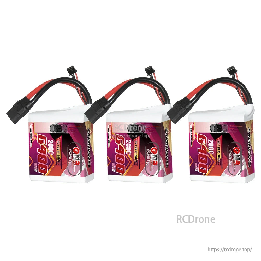 Three GNB 2S 6400mAh 200C LiPo battery packs shown together with XT90 connectors