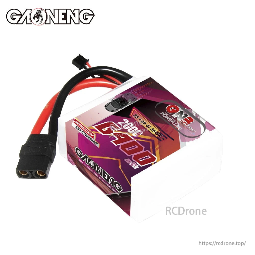 Angled top view of GNB 2S 6400mAh battery with XT90 connector and balance plug visible