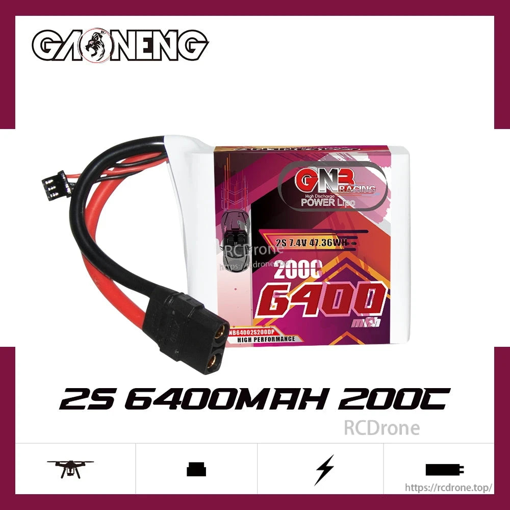 GAONENG GNB 2S 7.4V 6400mAh 200C LiPo Battery promo graphic highlighting 2S 6400mAh 200C rating