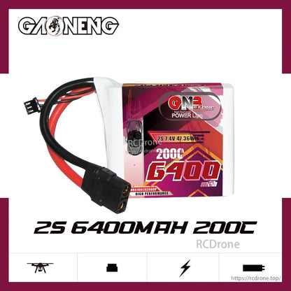 GAONENG GNB 2S 7.4V 6400mAh 200C LiPo Battery promo graphic highlighting 2S 6400mAh 200C rating