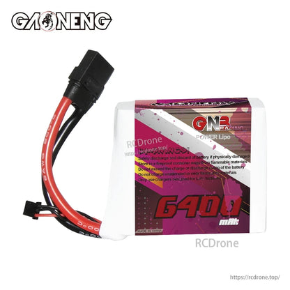 Rear label view of GNB 6400mAh LiPo battery showing safety warning text and XT90 lead