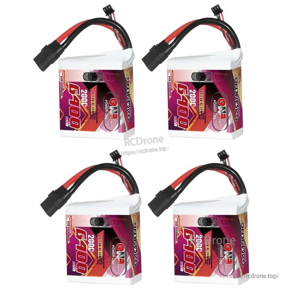 Four GNB 2S 6400mAh 200C LiPo battery packs shown together with XT90 connectors