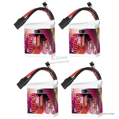 Four GNB 2S 6400mAh 200C LiPo battery packs shown together with XT90 connectors