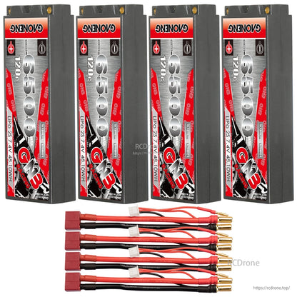 Four-pack GNB 6500mAh 120C hard case LiPo batteries with four red Deans/T-style plug leads
