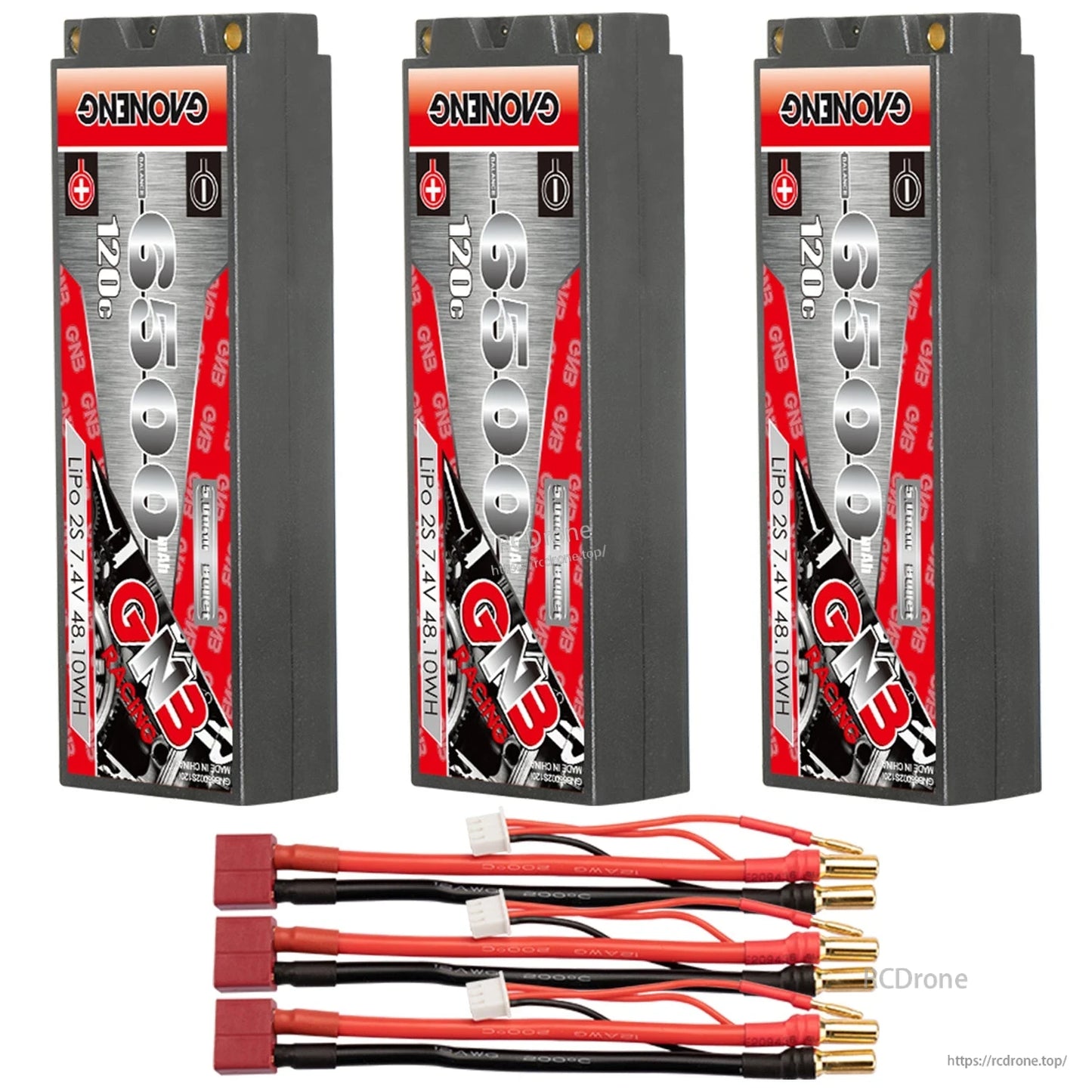 Three-pack GNB 6500mAh 120C hard case LiPo batteries with three red Deans/T-style plug leads