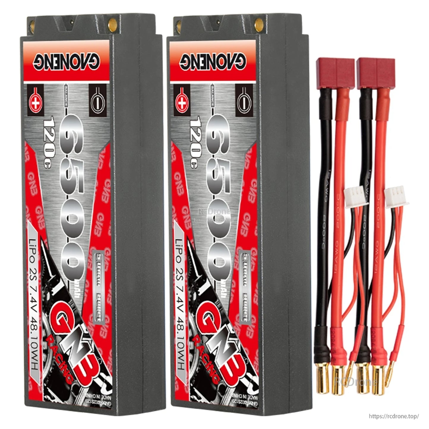 Two-pack GNB 6500mAh 120C hard case LiPo batteries with two red Deans/T-style plug leads
